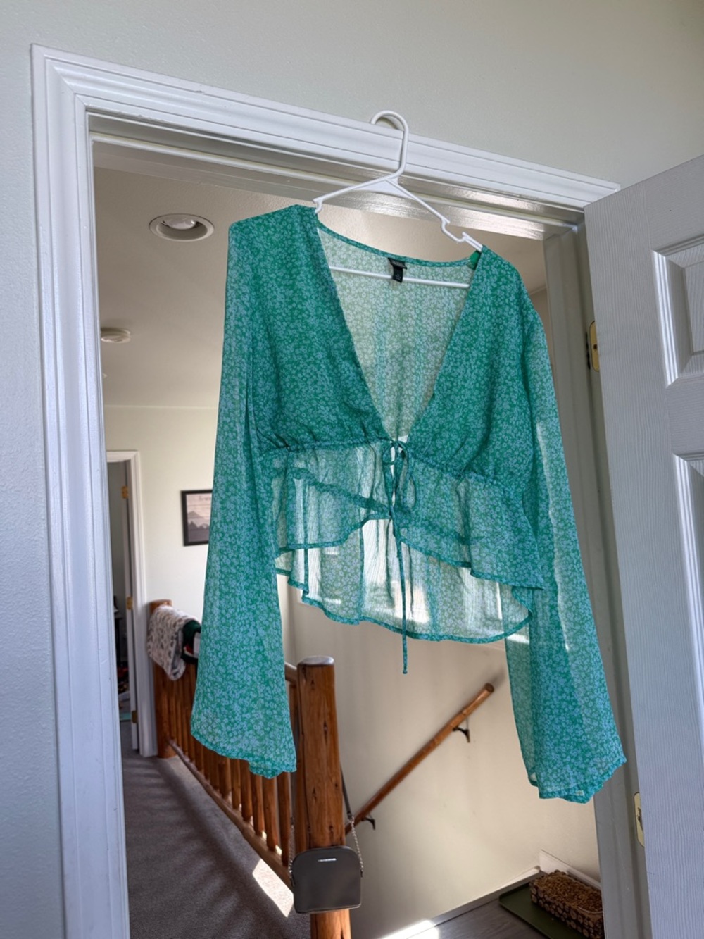 Green Floral Sheer Tie-Front Blouse